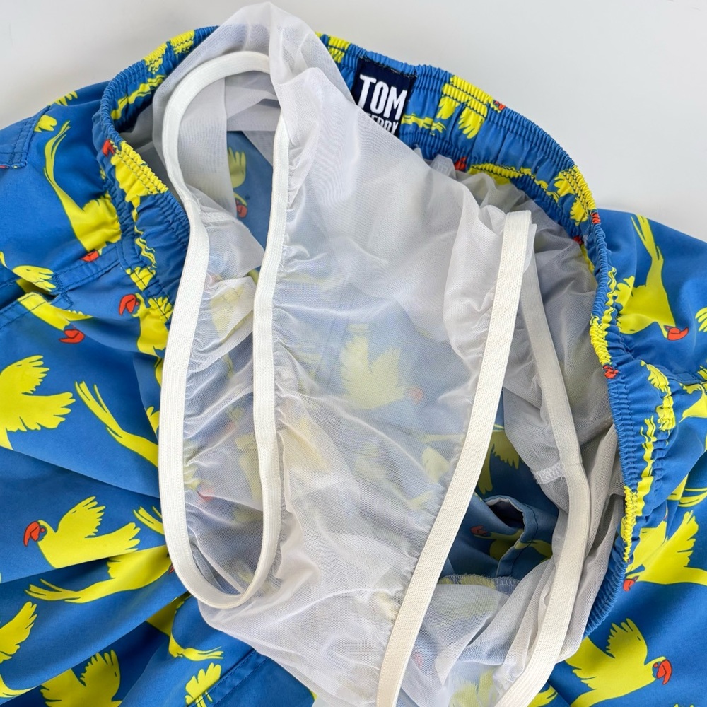TOM & TEDDY Parrot Swim Trunks Board Shorts 7” Blue Yellow Size Large EUC - Picture 6 of 14